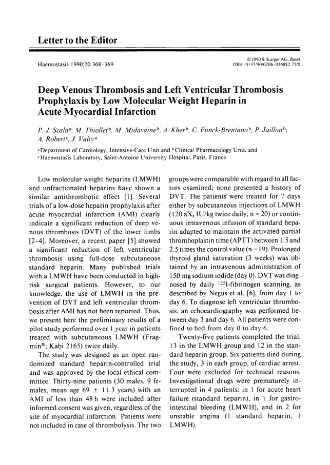First page of Deep Venous Thrombosis and Left Ventricular Thrombosis Prophylaxis by Low Molecular Weight Heparin in Acute Myocardial Infarction