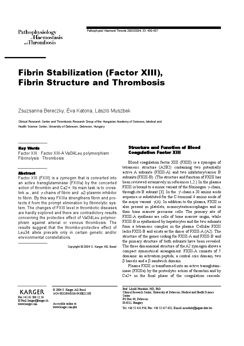 First page of Fibrin Stabilization (Factor XIII), Fibrin Structure and Thrombosis