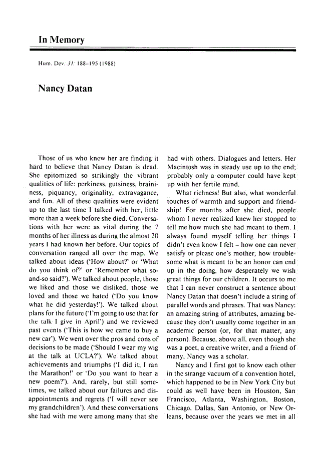 First page of In Memory Nancy Datan, Lawrence Kohlberg, Joachim F. Wohlwill