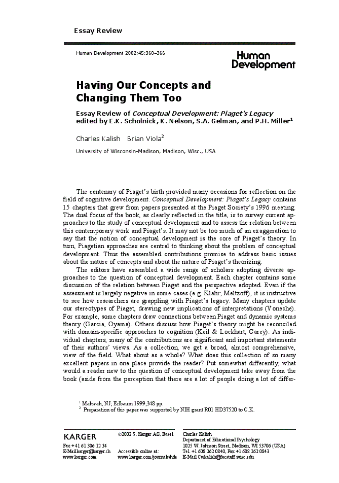 First page of Having Our Concepts and Changing Them Too<subtitle>Essay Review of Conceptual Development: Piaget's Legacy edited by E.K. Scholnick, K. Nelson, S.A. Gelman, and P.H. Miller<sup>1</sup></subtitle>