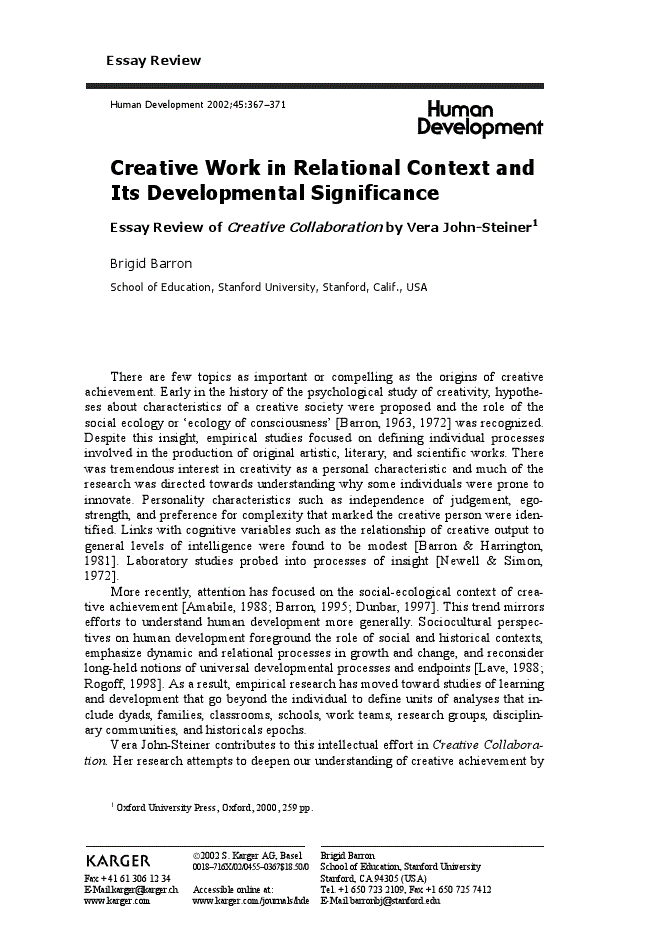 First page of Creative Work in Relational Context and Its Developmental Significance<subtitle>Essay Review of Creative Collaboration by Vera John-Steiner<sup>1</sup></subtitle>