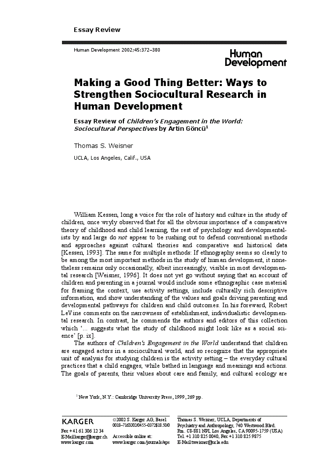 First page of Making a Good Thing Better: Ways to Strengthen Sociocultural Research in Human Development<subtitle>Essay Review of Children’s Engagement in the World: Sociocultural Perspectives by Artin Göncü<sup>1</sup></subtitle>
