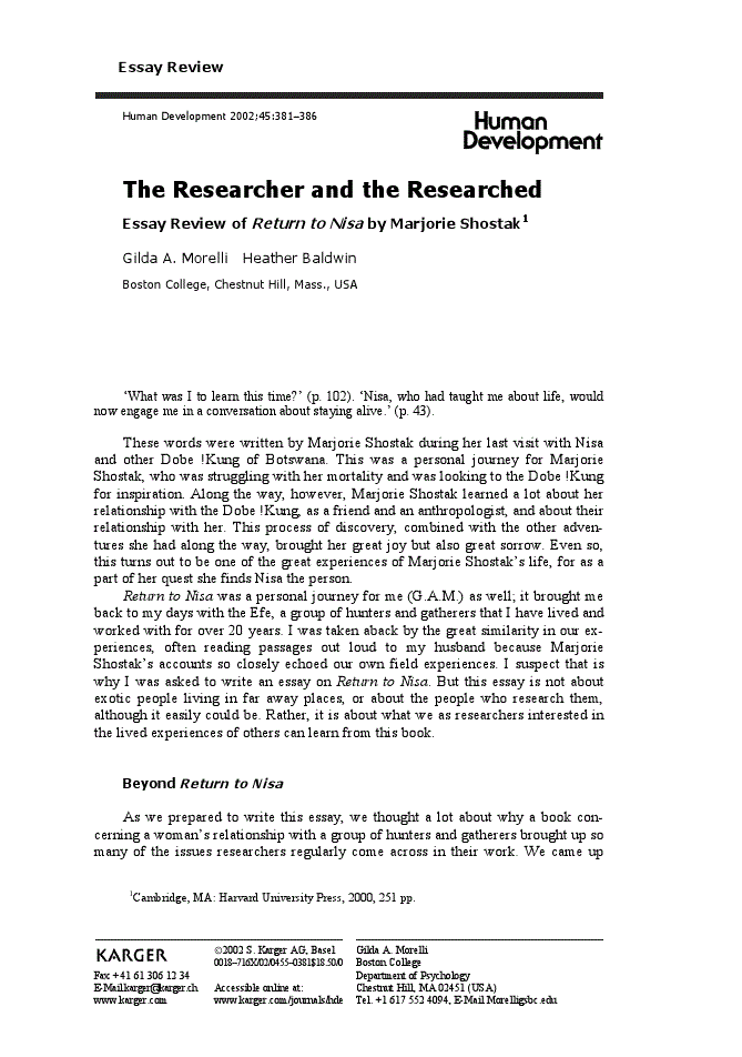 First page of The Researcher and the Researched<subtitle>Essay Review of Return to Nisa by Marjorie Shostak<sup>1</sup></subtitle>