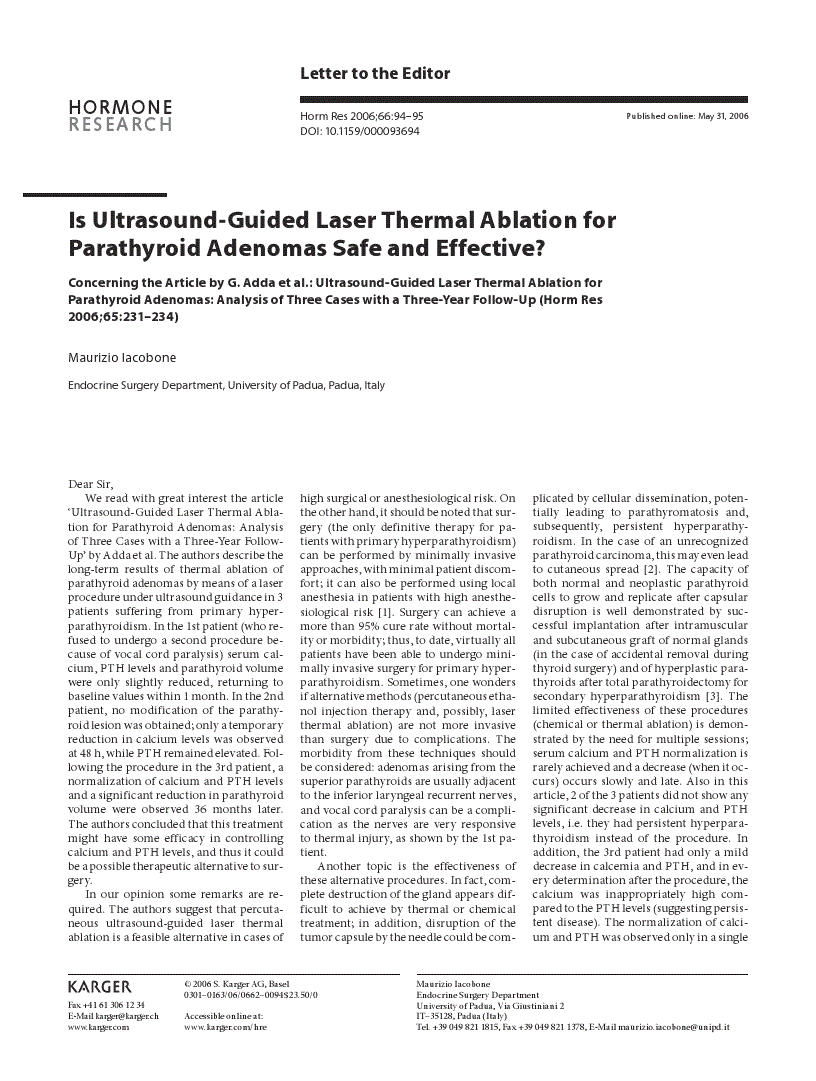 First page of Is Ultrasound-Guided Laser Thermal Ablation for Parathyroid Adenomas Safe and Effective?<subtitle>Concerning the Article by G. Adda et al.: Ultrasound-Guided Laser Thermal Ablation for Parathyroid Adenomas: Analysis of Three Cases with a Three-Year Follow-Up (Horm Res 2006;65:231–234)</subtitle>