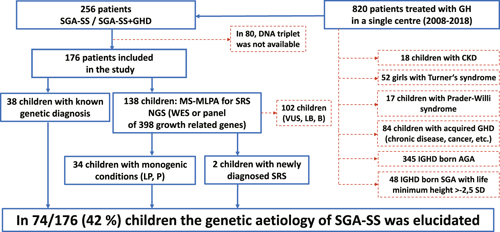 Flowchart of the study. GH, growth hormone; CKD, chronic kidney disease; GHD, growth hormone deficit; IGHD, idiopathic growth hormone deficit; AGA, appropriate for gestational age; MS-MLPA, methylation-specific multiplex ligation-dependent probe amplification; WES, whole-exome sequencing; SRS, Silver-Russell syndrome; VUS, variant of uncertain significance; LB, likely benign; B, benign; LP, likely pathogenic; P, pathogenic.