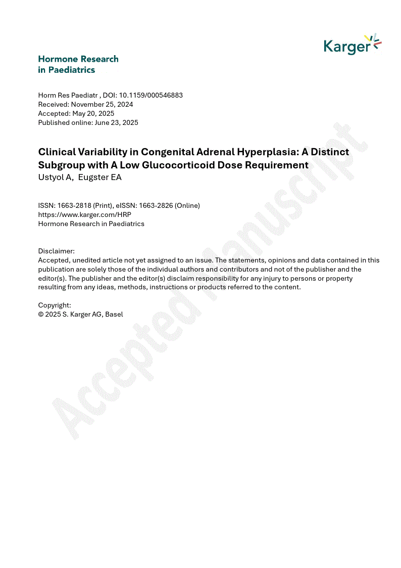 First page of Clinical Variability in Congenital Adrenal Hyperplasia: A Distinct Subgroup with A Low Glucocorticoid Dose Requirement
