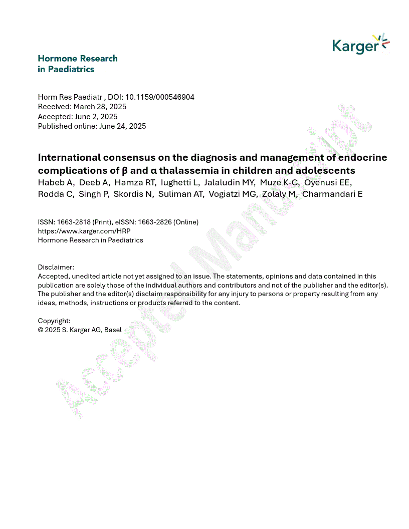 First page of International consensus on the diagnosis and management of endocrine complications of β and α thalassemia in children and adolescents