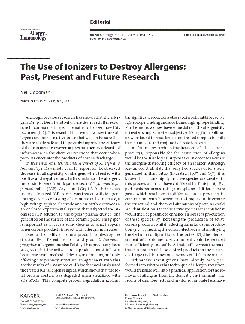 First page of The Use of Ionizers to Destroy Allergens: Past, Present and Future Research