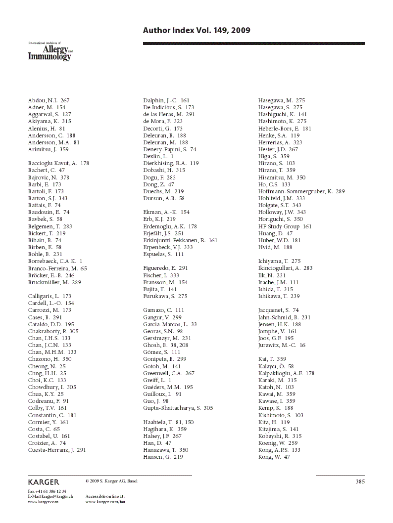 First page of Author Index Vol. 149, 2009