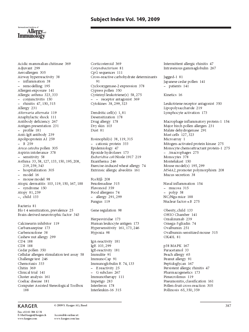 First page of Subject Index Vol. 149, 2009