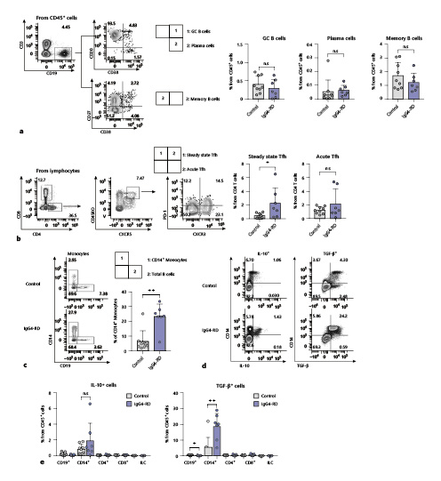 Fig. 1. Plasma cells and TGF-β-producing CD14+ monocytes were increased in patients with IgG4-RD. a Gating strategies and frequencies of B-cell subsets from healthy control (n = 3) and patients with IgG4-RD (n = 6). Plasma cells (CD19+CD20−CD38+), germinal center (GC) B cells (CD19+CD20+CD38+), and memory B cells (CD19+CD27+CD38−). b Gating strategies and frequencies of Tfh cell subsets from healthy control and patients with IgG4-RD. Among CD4+ T cells, CD45RO+CXCR5+ cells were further analyzed as CXCR3−PD-1+ steady-state Tfh and CXCR3+PD-1+ acute Tfh cells. c Gating strategy of monocytes (CD14+) from healthy control and patients with IgG4-RD. d Dot plots of IL-10 and TGF-β-producing cells divided by CD14 expressions. e Percentages of IL-10 and TGF-β-producing immune cells were calculated. IL-10 and TGF-β productions were analyzed after in vitro stimulation with PMA/ionomycin (CD4+ T cells, CD8+ T cells, CD19+ B cells, and ILCs) or LPS (CD14+ monocytes). Values represent the mean ± SD. Mann-Whitney test was used to compare healthy control and IgG4-RD (a–c, e). *p < 0.05, **p < 0.01. ns, not significant; IgG4-RD, immunoglobulin G4-related disease; PMA, phorbol 12-myristate 13-acetate; Tfh, follicular helper T; ILCs, innate lymphoid cells.