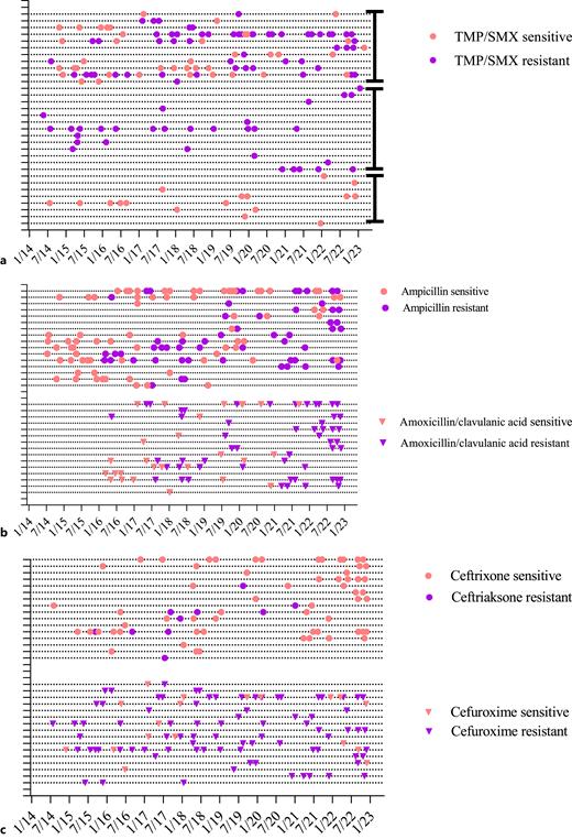 a–c Longitudinal analysis of TMP/SMX sensitivity patterns for H. influenzae isolates in IEI patients (a), longitudinal changes in antibiotic sensitivity testing other than TMP/SMX in H. influenzae isolates in IEI patients during the studied time frame (b, c). Each line corresponds to a patient.