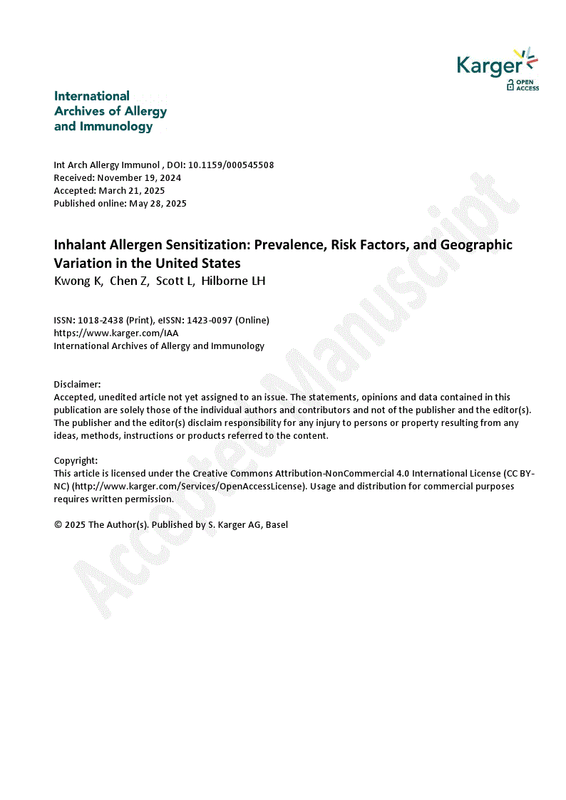 First page of Inhalant Allergen Sensitization: Prevalence, Risk Factors, and Geographic Variation in the United States