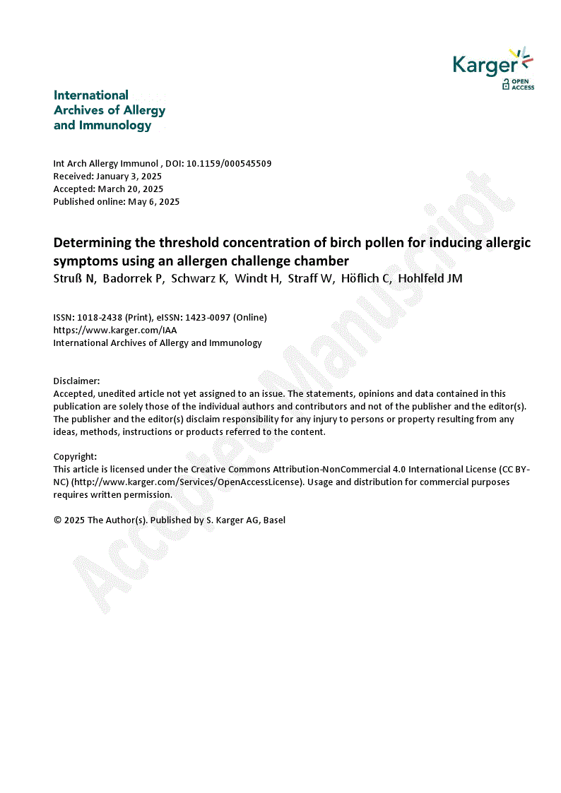 First page of Determining the threshold concentration of birch pollen for inducing allergic symptoms using an allergen challenge chamber
