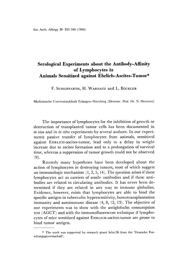 First page of Serological Experiments about the Antibody-Affinity of Lymphocytes in Animals Sensitized against Ehrlich-Ascites-Tumor