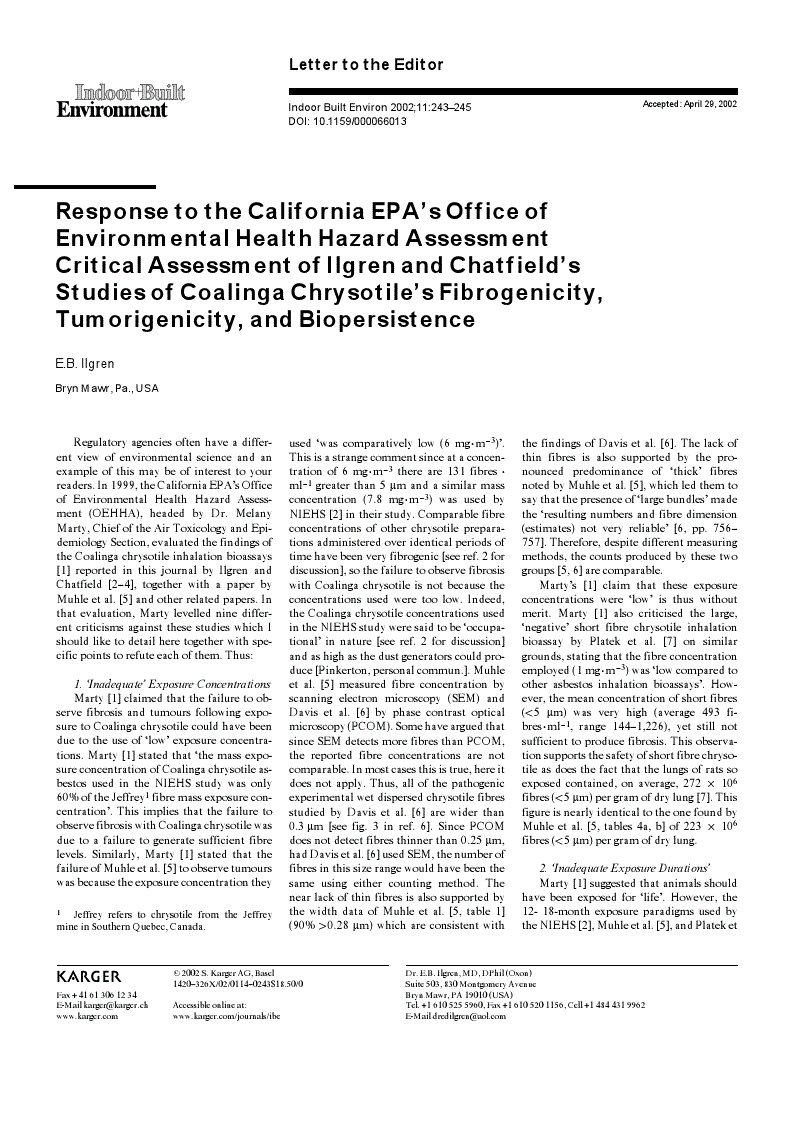 First page of Response to the California EPA’s Office of Environmental Health Hazard Assessment Critical Assessment of Ilgren and Chatfield’s Studies of Coalinga Chrysotile’s Fibrogenicity, Tumorigenicity, and Biopersistence