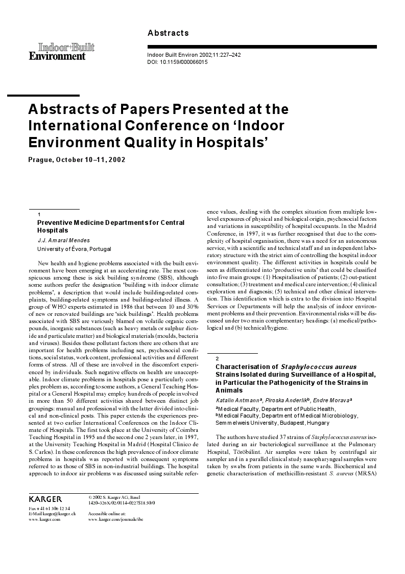 First page of Abstracts of Papers Presented at the International Conference on ‘Indoor Environment Quality in Hospitals’<subtitle>Prague, October 10–11, 2002</subtitle>