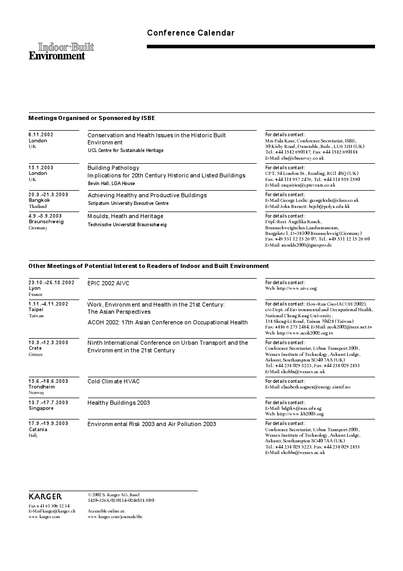 First page of Conference Calendar