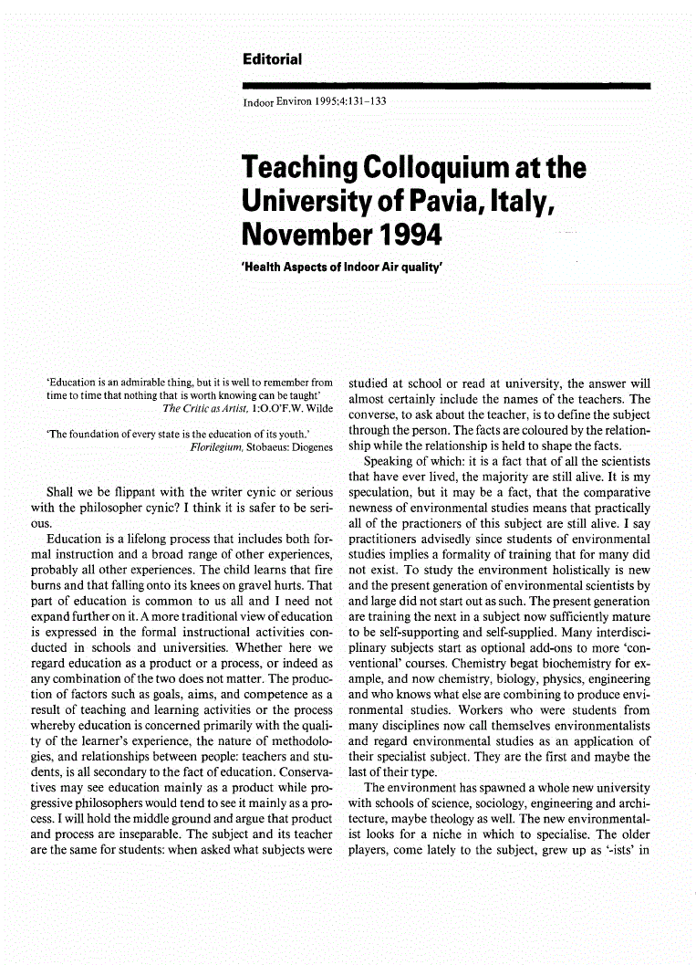 First page of Teaching Colloquium at the University of Pavia, Italy, November 1994