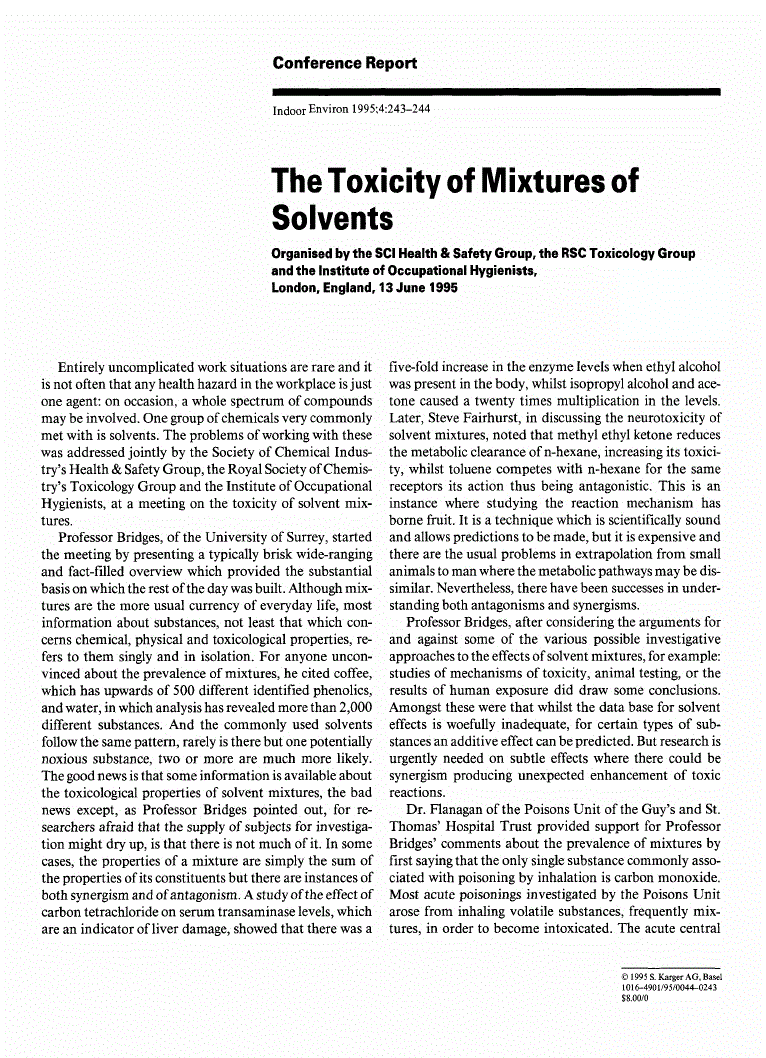 First page of The Toxicity of Mixtures of Solvents