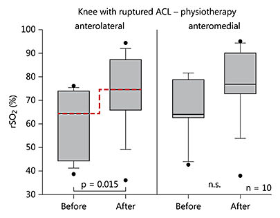 Fig. 2. Changes in rSO2 on the injured knee before and after physiotherapy. For further explanations, see legend to figure 1.