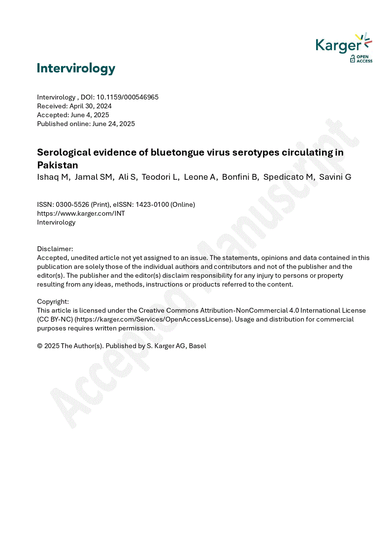 First page of Serological evidence of bluetongue virus serotypes circulating in Pakistan