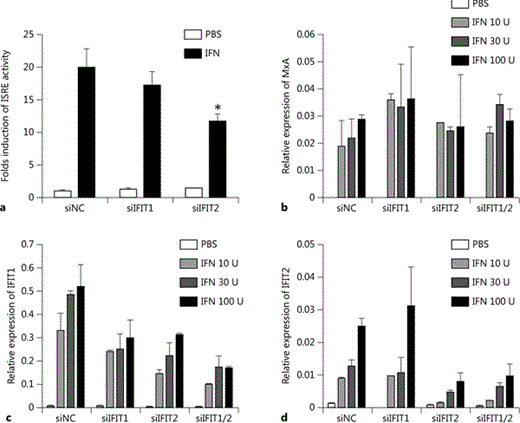 Fig. 6. Silencing IFIT1 and IFIT2 did not affect IFN-α-induced ISG expression. a Huh7 cells were transfected with siControl, siIFIT1 or siIFIT2, incubated for 24 h, then reseeded into 24-well plates. Second transfections with pISRE-luc and pRL-TK were performed the next day. IFN-α was added to the medium 24 h later and luciferase activity was measured 6 h later. b-d Huh7 cells were transfected with siControl, siIFIT1 or siIFIT2 and incubated for 72 h. IFN-α was added to the medium and incubated for 6 h. Total RNA was extracted and IFIT1, IFIT2 and MxA mRNA levels were detected by real-time RT-PCR.