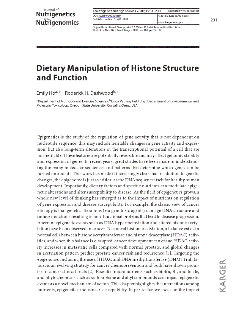 First page of Dietary Manipulation of Histone Structure and Function