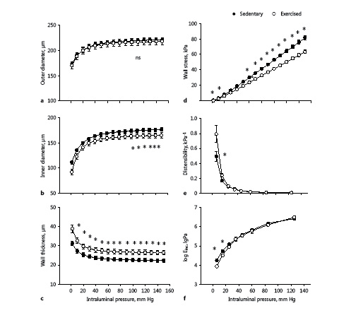 Fig. 1. Exercise-training induced remodeling of rat intramural coronary arterioles. Geometrical and elastic alterations in the passive state compared with sedentary controls. Transmural pressure is plotted against outer diameter (a), inner diameter (b), wall thickness (c), tangential wall stress (d), incremental distensibility (e), and incremental tangential elastic modulus (f). Mean values were used from 2-way ANOVA tests with Tukey paired comparisons: * p < 0.05 between sedentary (n = 25) and exercised (n = 12) groups.