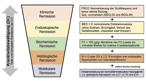  Vorschlag zur Krankheitsbewältigung (DC) bei Colitis ulcerosa (CU). Eine tiefe und vollständige CU-Remission, die eine symptomatische Remission, eine biologische Remission und eine Mukosaheilung (endoskopische und histologische Remission) erreicht und sich (in Zukunft) zu einer Heilung auf molekularer Ebene mit der Wiederherstellung spezifischer molekularer Signalwege entwickelt, die an der Ätiopathogenese der CU beteiligt sind. PRO2 = Patienten-berichtetes Ergebnis-2 (patient-reported outcome-2), QoL = Lebensqualität (quality of life), MES = endoskopischer Mayo-Score (Mayo endoscopic score), FC = fäkales Calprotectin (fecal calprotectin), NI = Nancy-Index (Nancy index), GS = Geboes-Score (Geboes score).