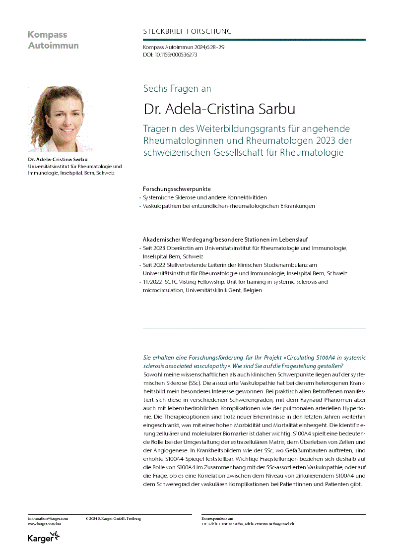 First page of Sechs Fragen an Dr. Adela-Cristina Sarbu, Trägerin des Weiterbildungsgrants für angehende Rheumatologinnen und Rheumatologen 2023 der schweizerischen Gesellschaft für Rheumatologie