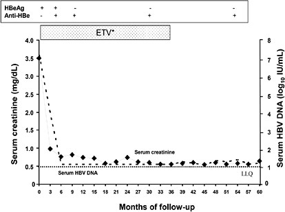 Fig. 1. Temporal relationship between serum creatinine, HBV viraemia, and antiviral therapy. *0.5 mg every three day for the first 2 months and then 0.5 mg/day; LLQ: low limit of quantification.