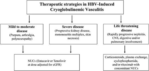 Fig. 2. Treatment of hepatitis B virus (HBV)-induced cryoglobulinemia vasculitis according to the clinical-biological presentation. CNS, central nervous system; NUCs, nucleos(t)ide analogs.