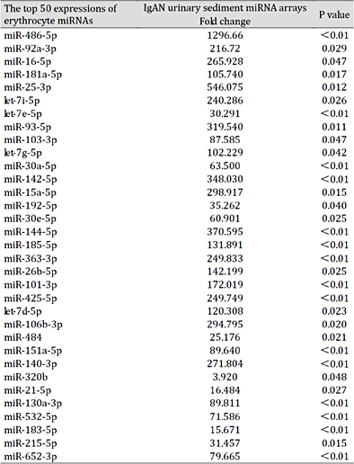 Combined analysis of the top 50 expressions of erythrocytederived miRNAs and IgAN urinary sediment miRNA arrays