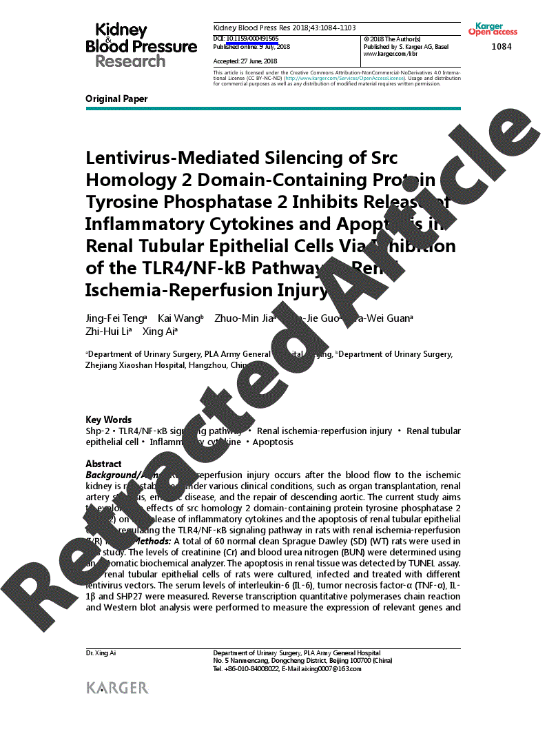 First page of Retracted Paper - Lentivirus-Mediated Silencing of Src Homology 2 Domain-Containing Protein Tyrosine Phosphatase 2 Inhibits Release of Inflammatory Cytokines and Apoptosis in Renal Tubular Epithelial Cells Via Inhibition of the TLR4/NF-kB Pathway in Renal Ischemia-Reperfusion Injury