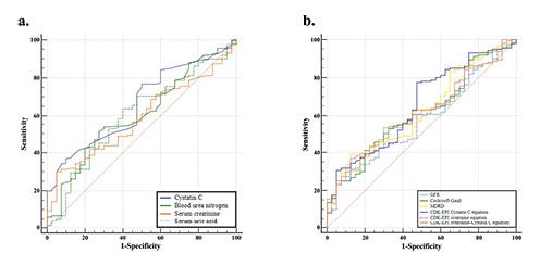 Fig. 4. CysC and the CKD-EPI CysC equation can better reflect the changes in renal function; a ROC curve analysis for CysC, BUN, SCr and SUA; b The ROC curve analysis for the equations based on CysC and SCr. CysC, Cystatin C; BUN, blood urea nitrogen; SCr, serum creatinine; SUA, serum uric acid; GFR, glomerular filtration rate; MDRD, modification of diet in renal disease; CKD-EPI, Chronic Kidney Disease Epidemiology Collaboration.