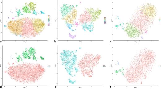 TSNE plots after quality control showing clusters (top row) and assigned cell type labels (bottom row). All samples (a, d), hypertensive samples (b, e), and normotensive samples (c, f).