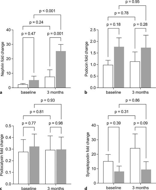 Changes in urinary sediment mRNA levels of nephrin (a); podocin (b); podocalyxin (c); and synaptopodin (d) from baseline to 3 months after SGLT2i treatment (gray) and the control group (white). Error bars denote SEM. Data were compared by Wilcoxon signed-rank test for paired data, and Mann-Whitney U test for unpaired data. SEM, standard error of mean.