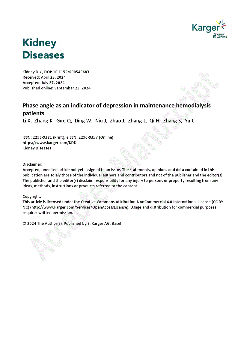 Phase angle as an indicator of depression in maintenance hemodialysis