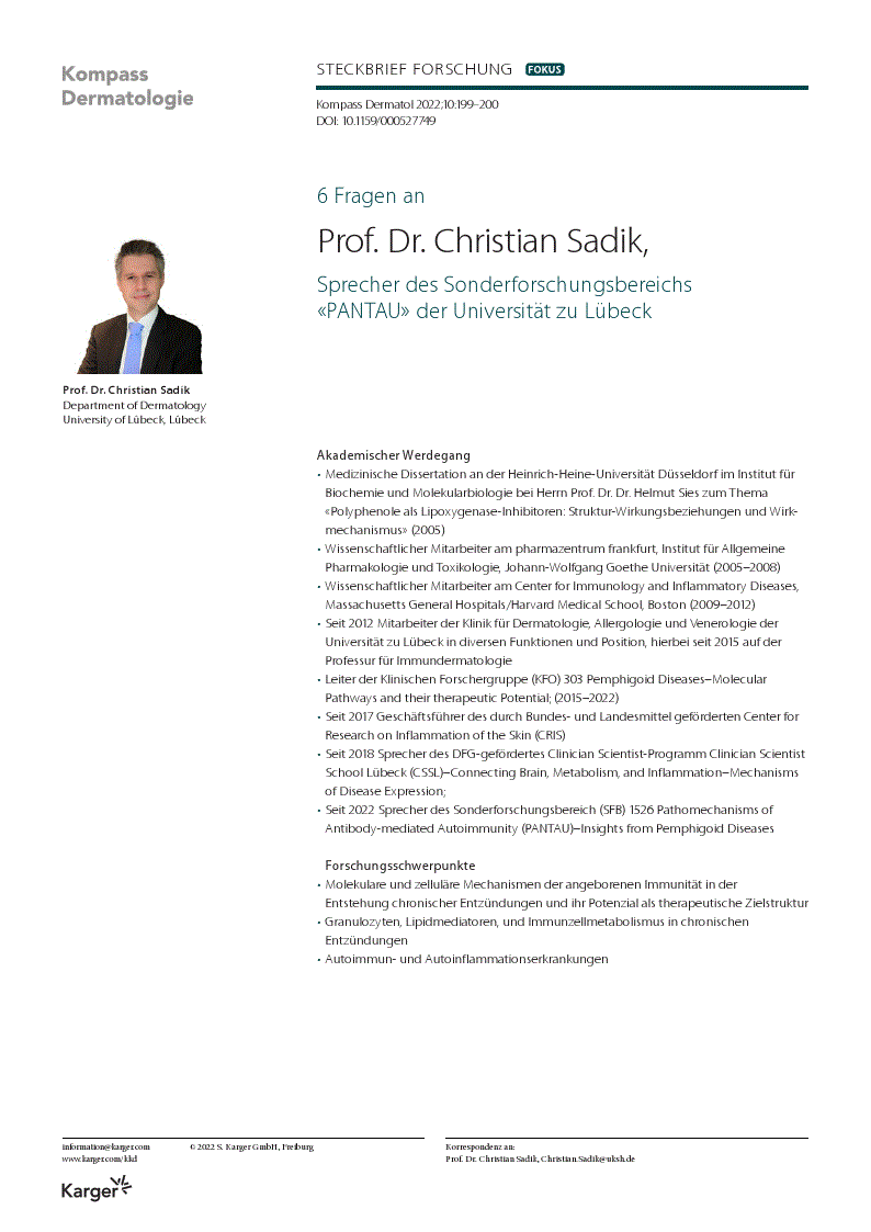 First page of 6 Fragen an Prof. Dr. Christian Sadik, Sprecher des Sonderforschungsbereichs «PANTAU» der Universität zu Lübeck 
