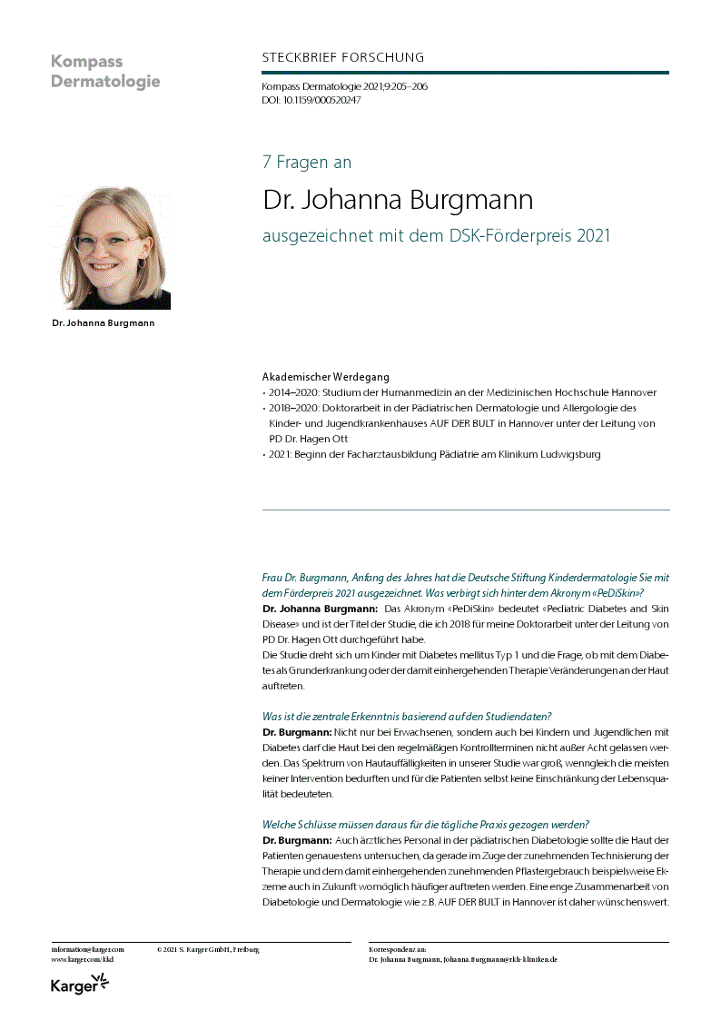 First page of 7 Fragen an Dr. Johanna Burgmann, ausgezeichnet mit dem DSK-Förderpreis 2021 