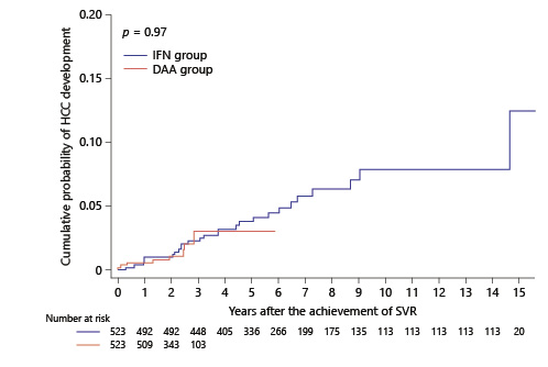 Fig. 2. Cumulative probability and Kaplan-Meier estimates of development of HCC in propensity score-matched cohorts. There was no significant difference between the matched groups (p = 0.97 by the log-rank test). DAA, direct-acting antiviral; HCC, hepatocellular carcinoma; IFN, interferon; SVR, sustained virological response.