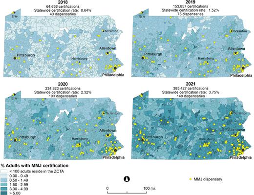 Pennsylvania maps of percent of adults with MMJ certification 2018–2021 in Zip Code Tabulation Areas with at least 100 adult residents.