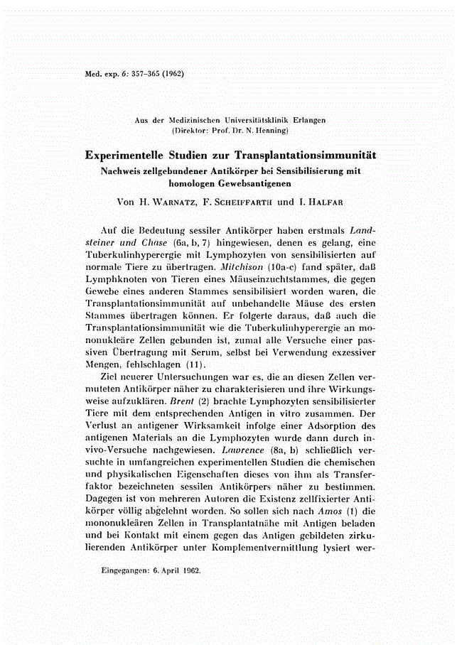 First page of Experimentelle Studien zur Transplantationsimmunität<subtitle> Nachweis zellgebundener Antikörper bei Sensibilisierung mit homologen Gewebsantigenen</subtitle>