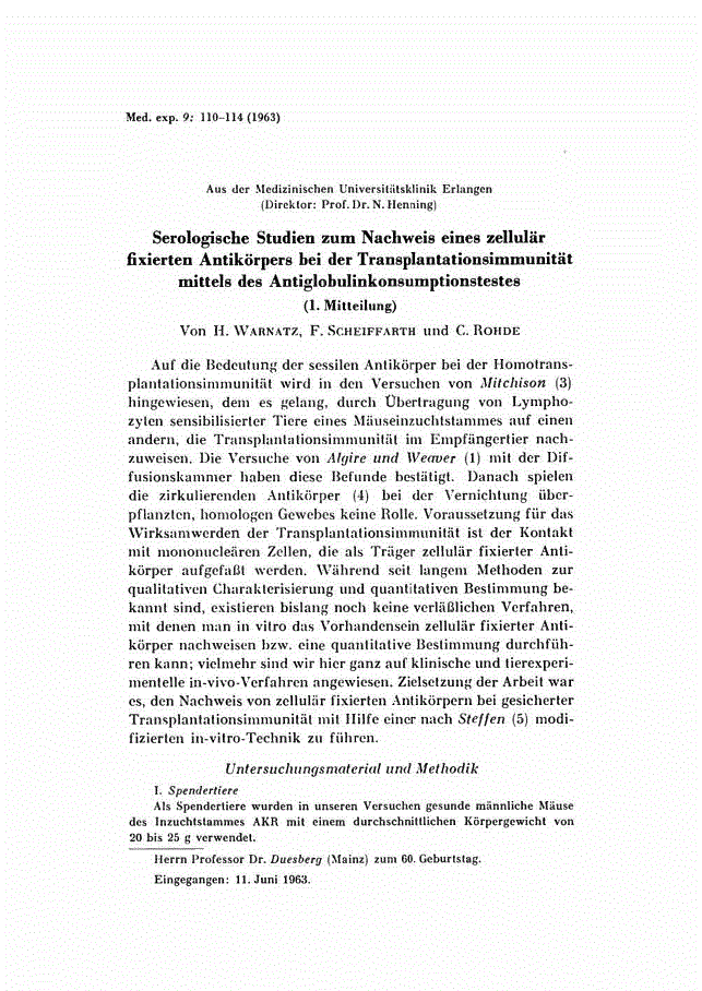 First page of Serologische Studien zum Nachweis eines zellulär fixierten Antikörpers bei der Transplantationsimmunität mittels des Antiglobulinkonsumptionstestes<subtitle>(1. Mitteilung)</subtitle>