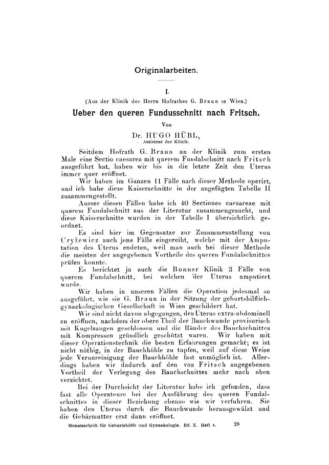 First page of I. Ueber den queren Fundusschnitt nach Fritsch
