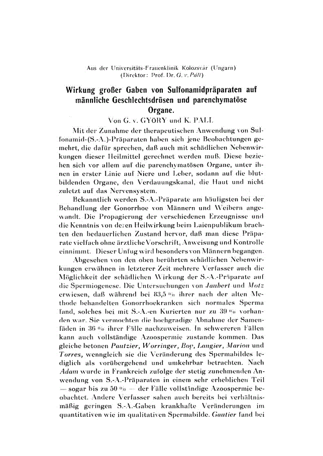 First page of Wirkung großer Gaben von Sulfonamidpräparaten auf männliche Geschlechtsdrüsen und parenchymatöse Organe