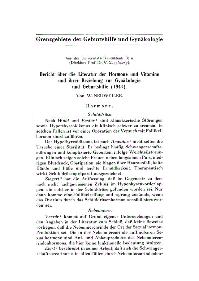 First page of Bericht über die Literatur der Hormone und Vitamine und ihrer Beziehung zur Gynäkologie und Geburtshilfe (1941)
