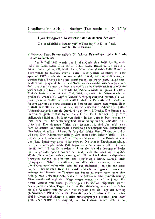 First page of Gynäkologische Gesellschaft der deutschen Schweiz. Wissenschaftliche Sitzung vom 6. November 1943, in Basel. Vorsitz: Dr. C. Brunner