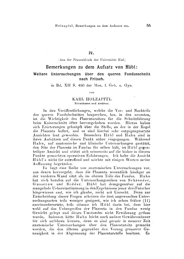 First page of IV. Bemerkungen zu dem Aufsatz von Hübl: Weitere Untersuchungen Uber den queren Fundusschnitt nach Fritsch